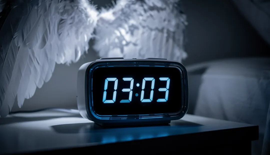 Un réveil numérique affiche 03:03 dans une pièce sombre, avec de légères ailes d’ange en arrière-plan et une lumière bleutée projetant des ombres éthérées.