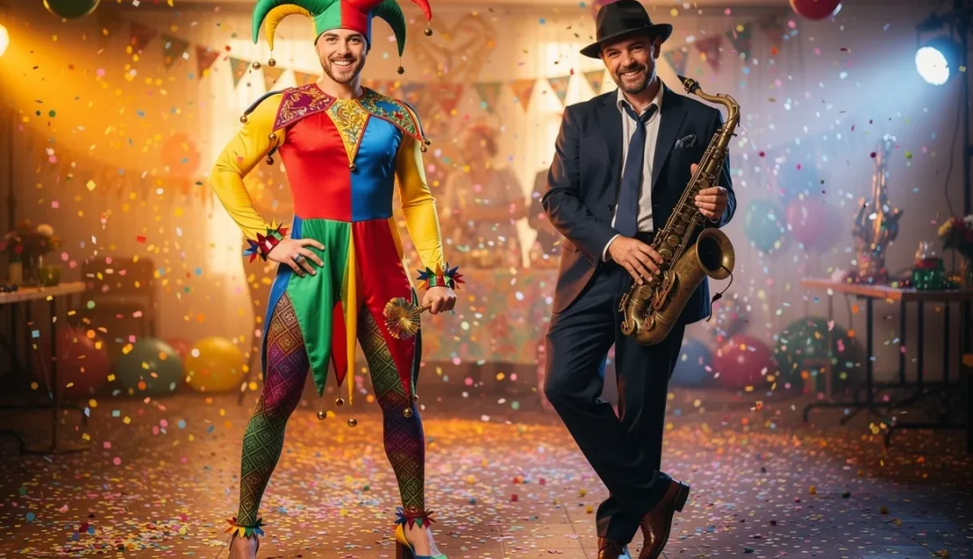 Personne déguisée en jester ou musicien jazz, posant avec assurance dans une salle festive décorée de confettis colorés.