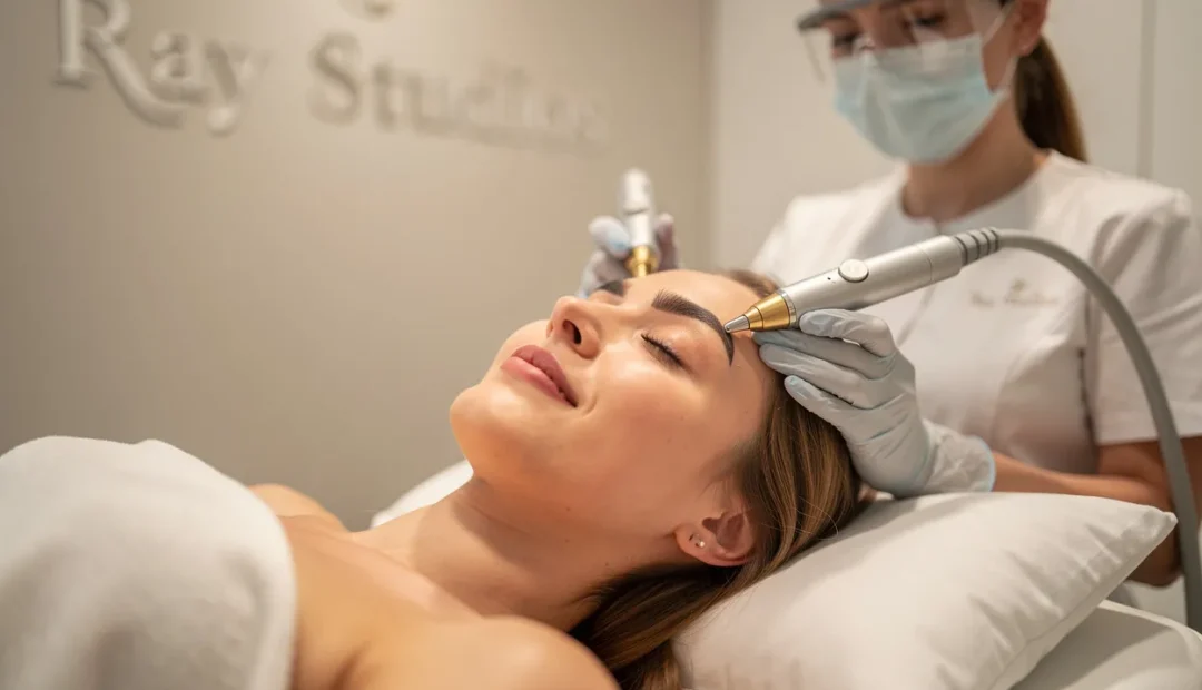 Une femme reçoit une dépose professionnelle de tatouage des sourcils dans un cadre spa, avec un technicien concentré en arrière-plan et une lumière douce.
