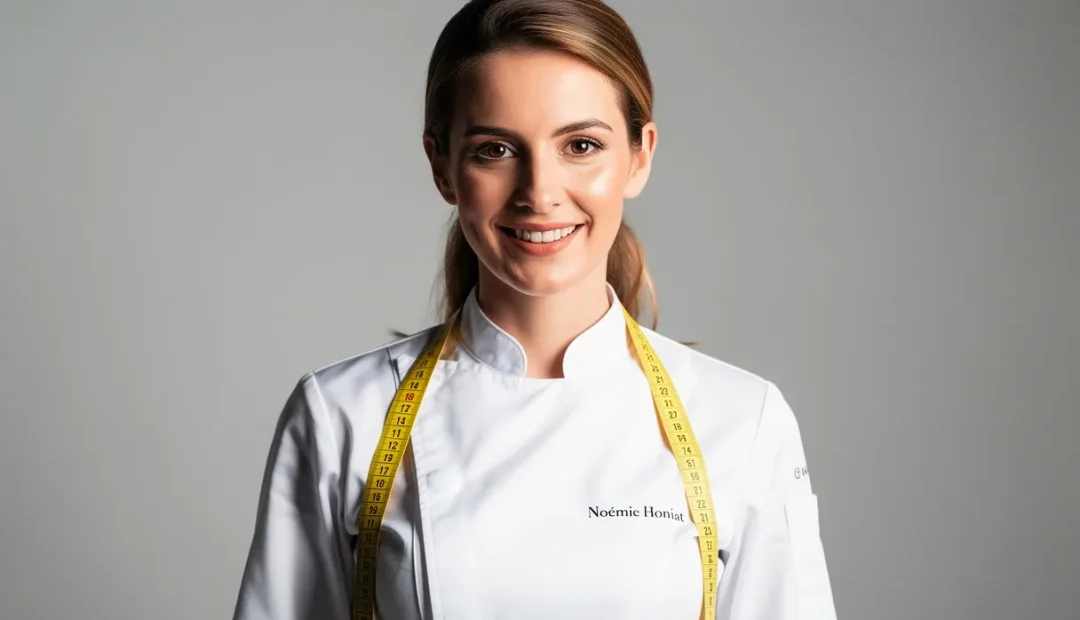 Portrait réaliste de Noémie Honiat souriante avec un ruban à mesurer sur l’épaule devant un fond épuré.