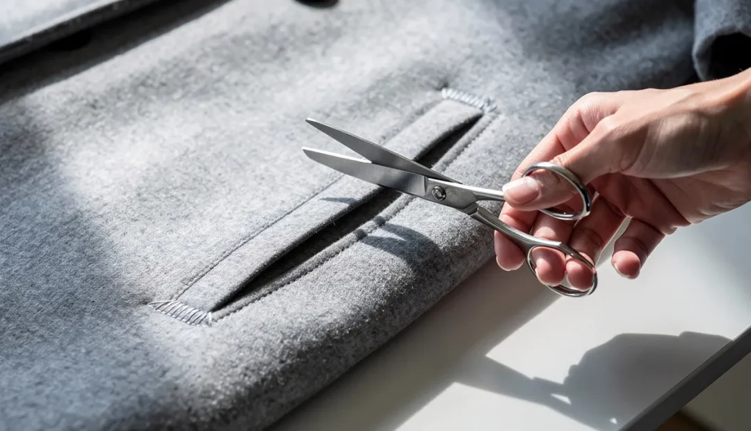 Un manteau posé sur une table minimaliste avec une main tenant de petits ciseaux au-dessus d’un rabat de poche cousu.