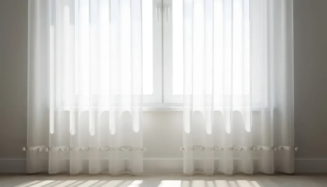 Rideaux blancs diaphanes tombant devant une fenêtre baignée de lumière, avec des petits lestes fixés à l’ourlet formant des plis doux.