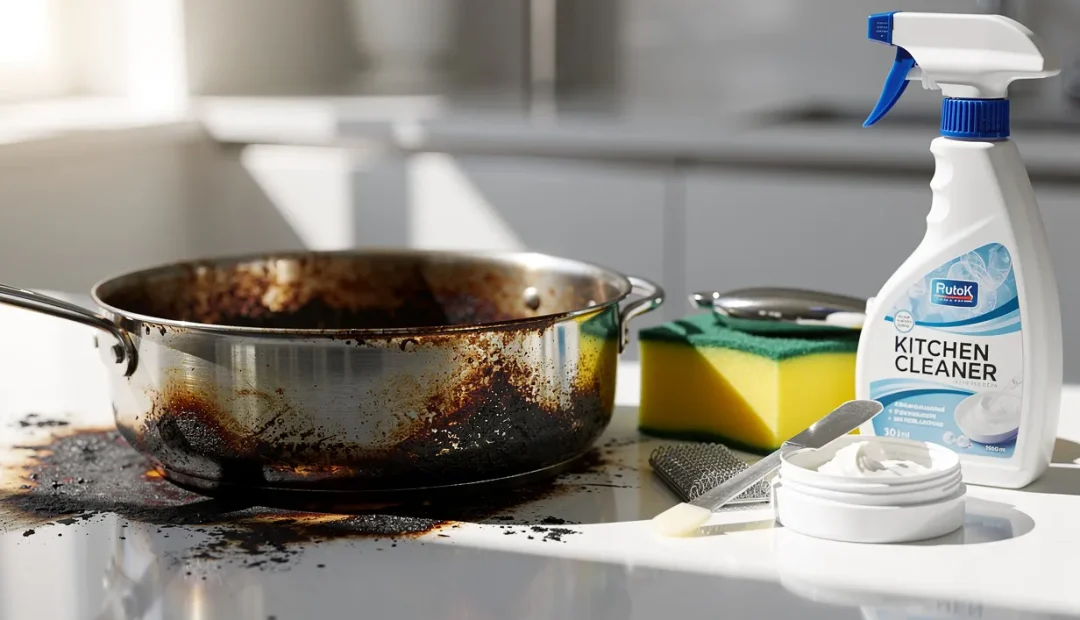 Casserole en inox brûlée posée sur un plan de travail avec des produits de nettoyage à côté sous une lumière matinale.