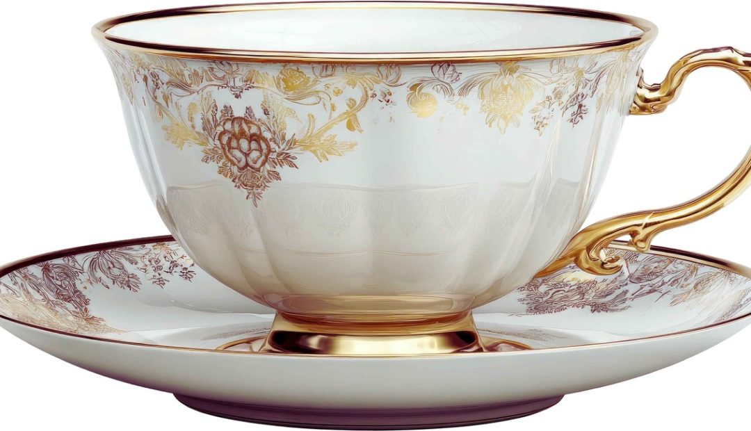 Tasse en porcelaine fine ornée de motifs floraux dorés sur soucoupe assortie