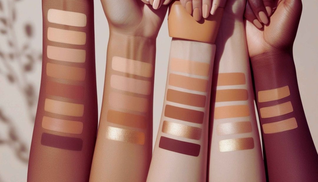 Échantillons de fonds de teint maquillage disposés sur des peaux aux carnations variées