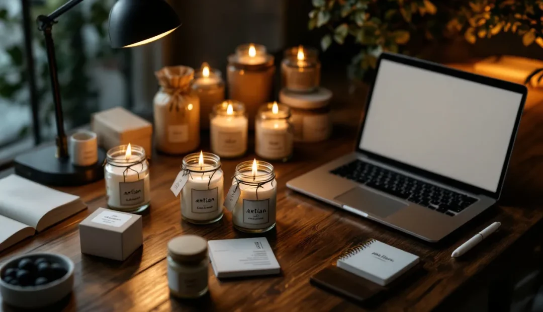 Bougies parfumées artisanales posées sur un bureau en bois avec des éléments de branding, un ordinateur portable ouvert sur une boutique en ligne et une lumière chaleureuse.