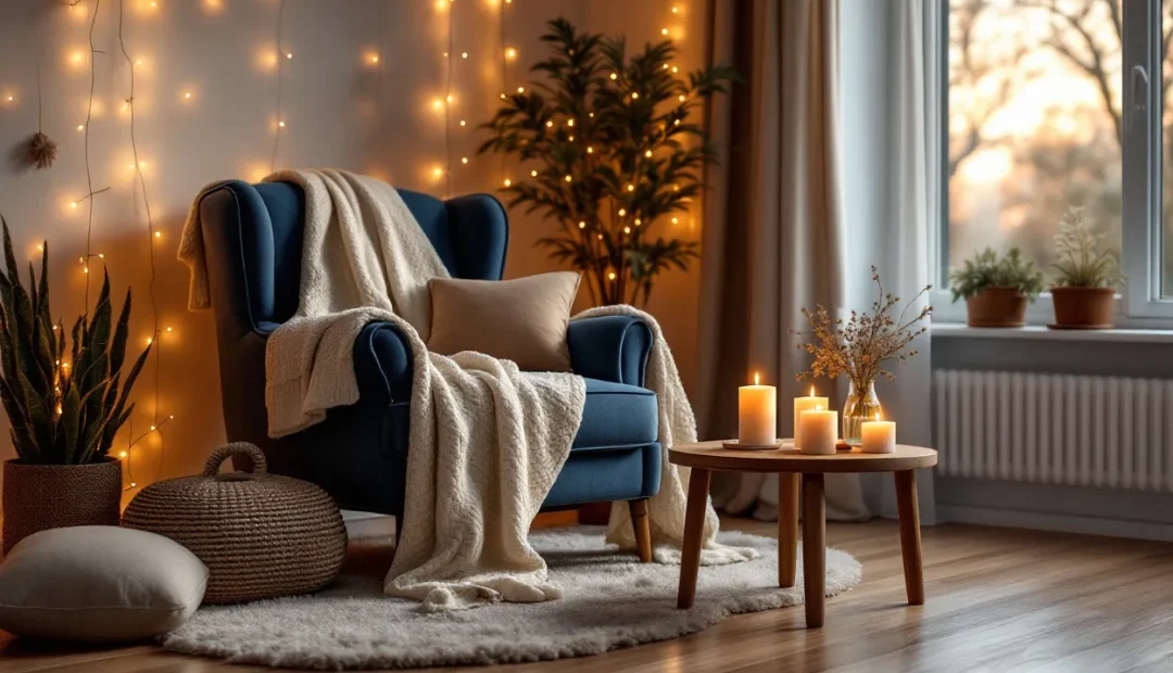 Salon chaleureux avec un fauteuil moelleux couvert d’un plaid, des coussins terreux, des bougies et des guirlandes lumineuses sous la lumière du soir.