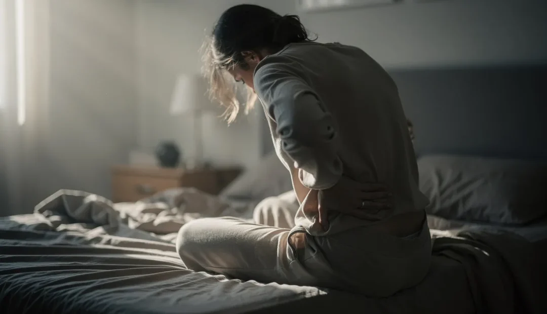 Une personne assise au bord d’un lit pose une main sur le bas de son dos, baignée par la lumière du soleil filtrant par la fenêtre.