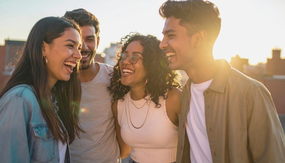 Jeunes amis riant ensemble au coucher du soleil sur un toit